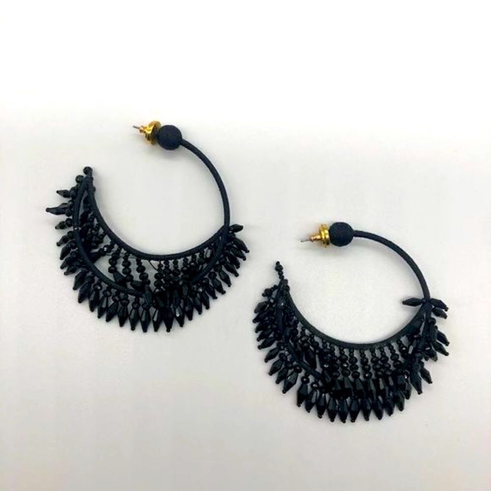Oscar deΒ la Renta Black Beads Dangle Half Hoops